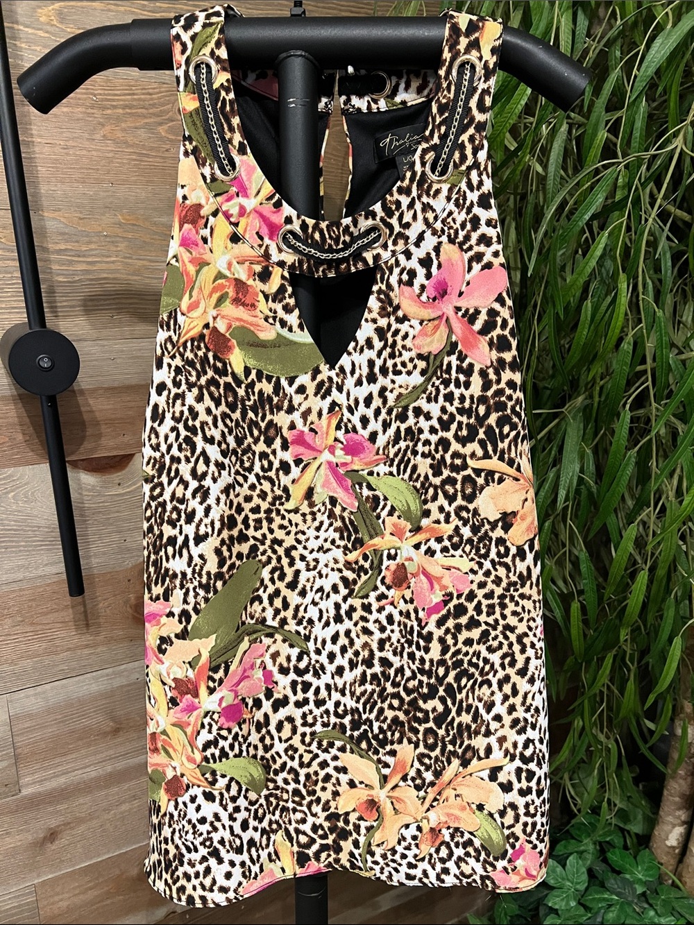 Thalia Sodi leopard & floral print sleeveless halter blouse with chain detail L